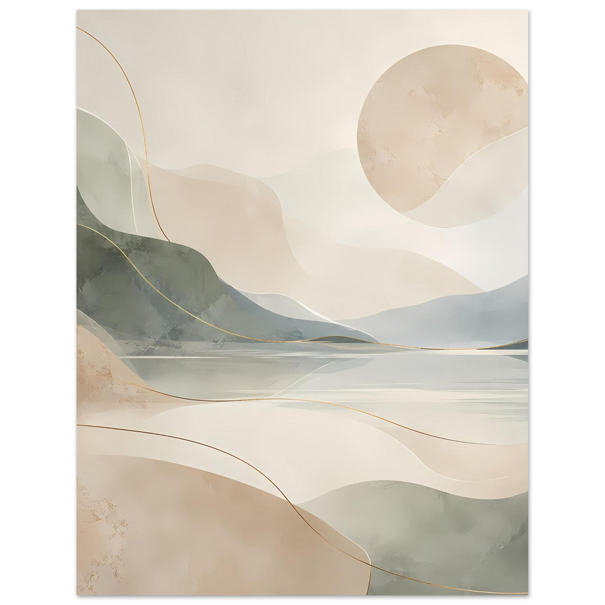 Abstraktes Poster mit ruhiger Seenlandschaft, Bergsilhouetten, Beige-Tönen und feinen Goldlinien