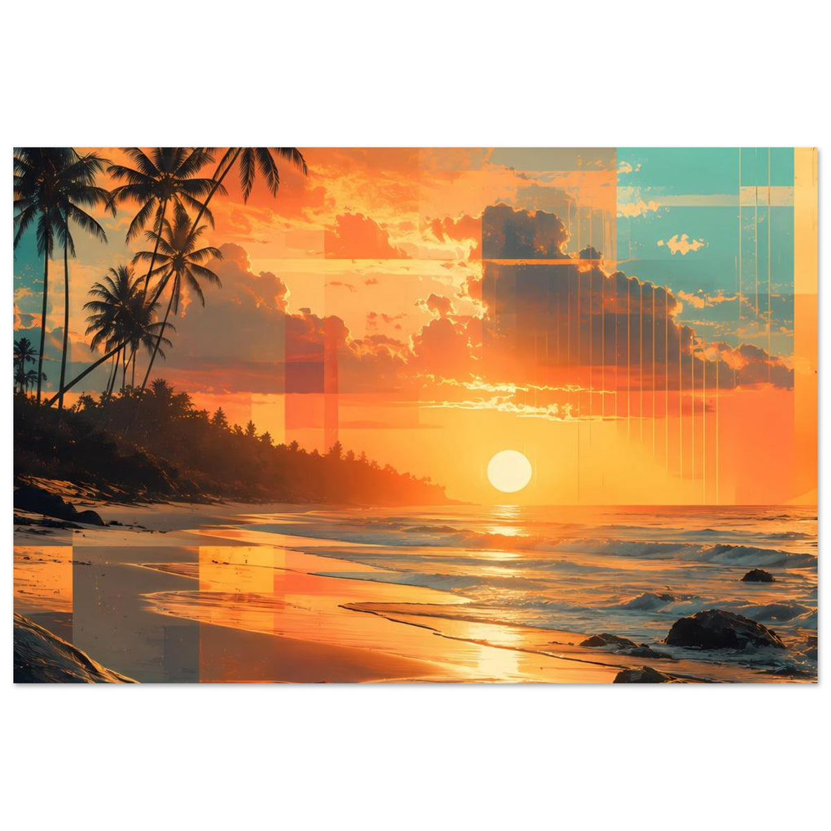 Horizontales Strandposter mit Sonne, Palmen und Meereswellen im Sonnenuntergang