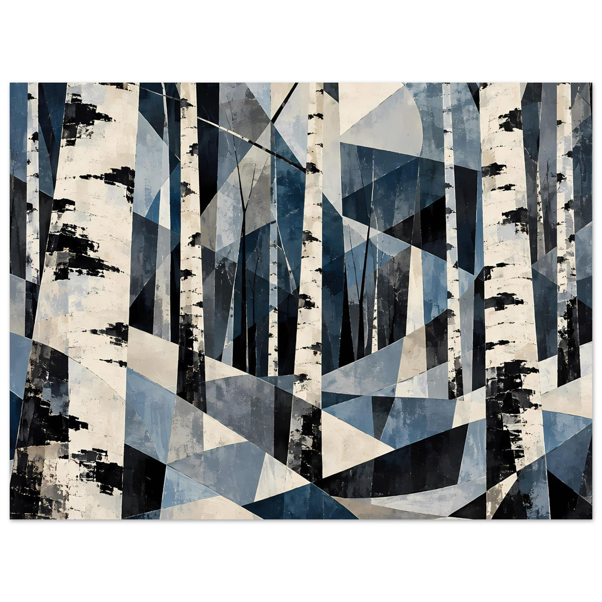 Abstraktes Poster mit Birkenstämmen: geometrische Muster in Blau, Weiß und dunklen Nuancen.