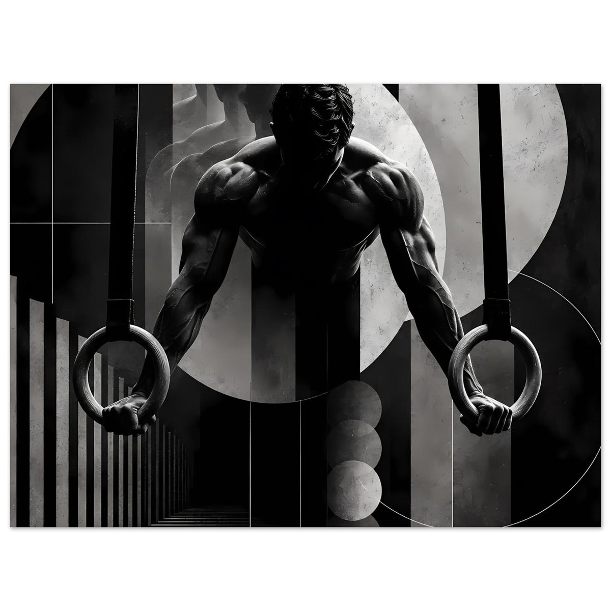 Schwarzweiß-Gymnastikposter mit Turner an Ringen, seitlicher Bildausschnitt