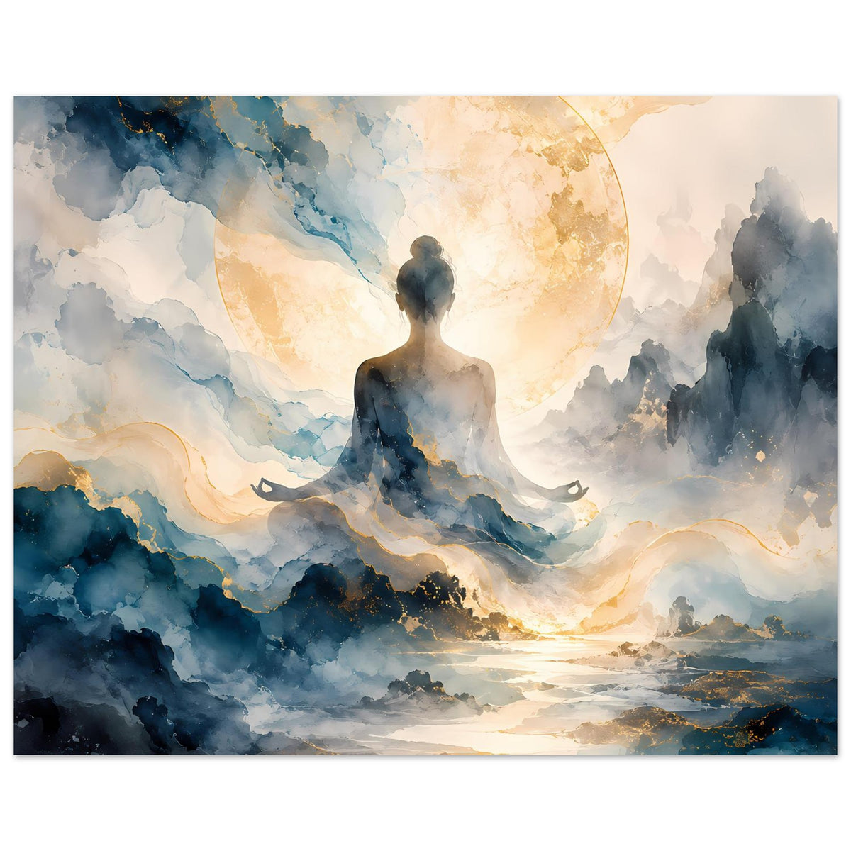 Querformat-Zen-Poster mit Meditationsfigur im golden schimmernden Mondkreis, blaue Wolken
