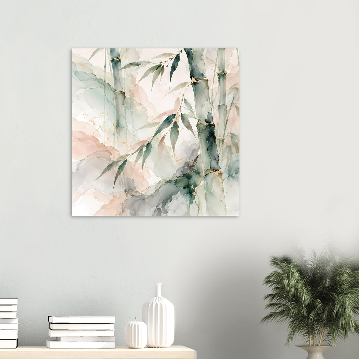 Naturposter im Quadratformat: Aquarell-Bambusstämme und -blätter in sanften Grüntönen, Creme und Beige