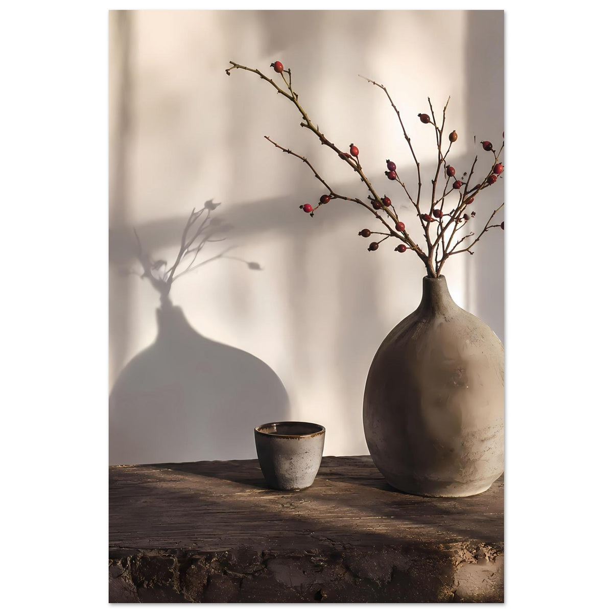 Poster im Hochformat: Vase und Becher auf dunklem Holzbrett, Zweige mit roten Beeren