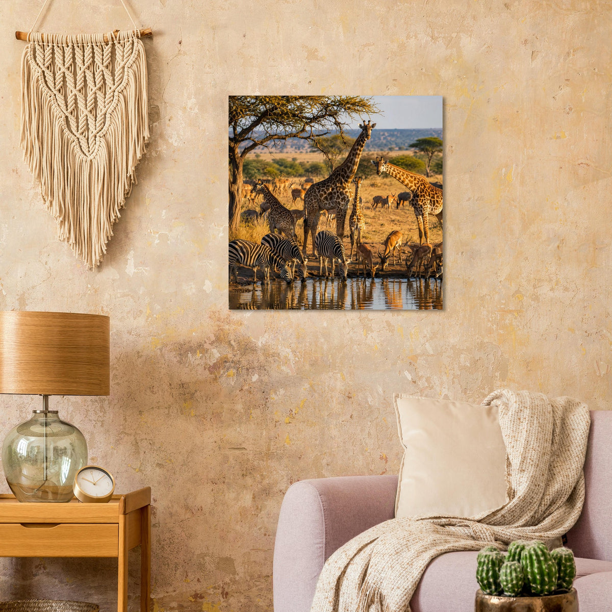 Safari-Wildtierszenen-Poster mit Giraffen, Zebras und weiteren Tieren in warmen Farben