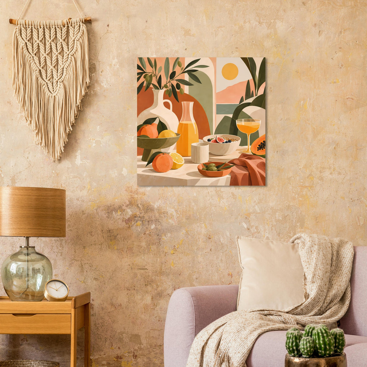 Gerahmtes Stillleben-Poster: Vase, Schalen mit Früchten und grünes Blattwerk in Orange-Tönen