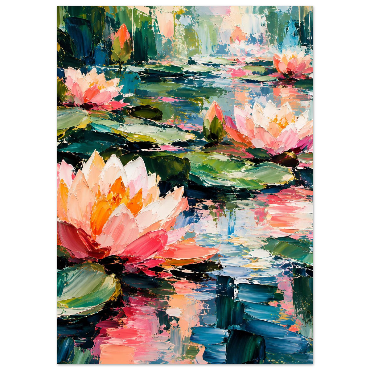 Hochformat-Poster: Seerosenblüten in Rosa und Orange, Teich mit grünen und blauen Akzenten