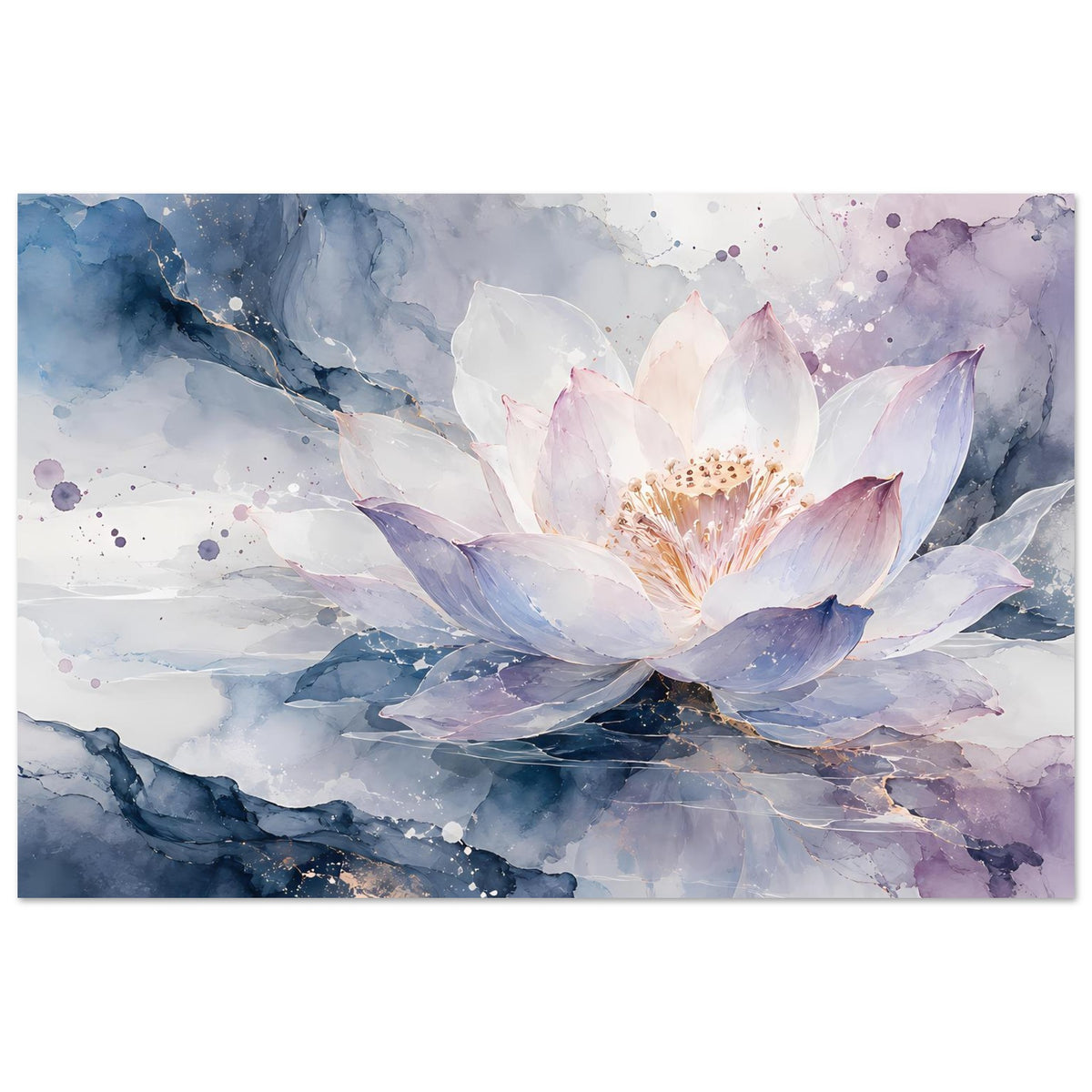 Horizontales Blumenposter mit Lotusblüte: große weiße Blüte, lila Schattierungen, blau