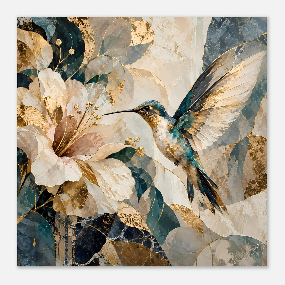 Wandposter mit Kolibri und Blüten in Pastellfarben, Blau-Beige-Gold, quadratisch