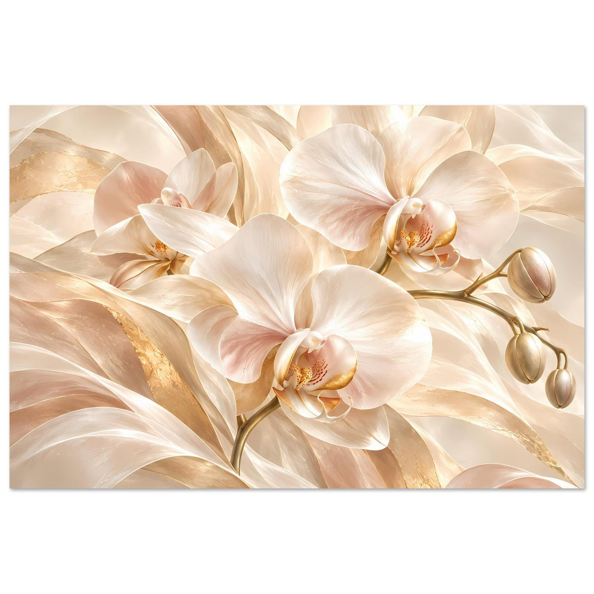 Orchideenposter mit zarten weißen Blüten und goldfarbenen Akzenten, weich fließendes Muster