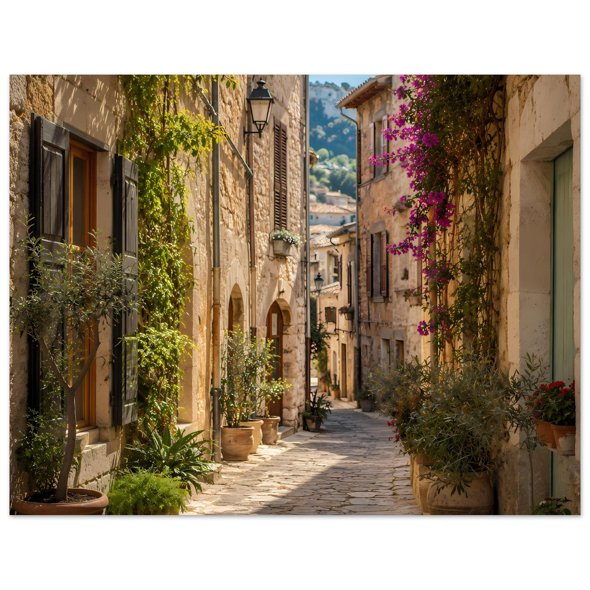 Mediterranes Poster im Querformat mit Gasse, Steinbauten, Töpfen und violetten Blüten im Vordergrund