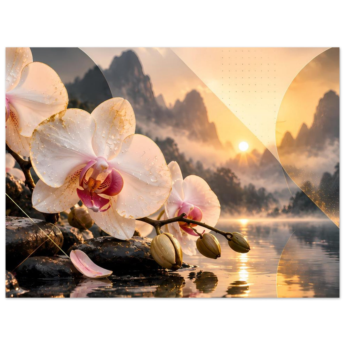 Vertikales Blumenposter mit weißen Orchideen, dunklen Steinen und goldener Sonne im Nebel
