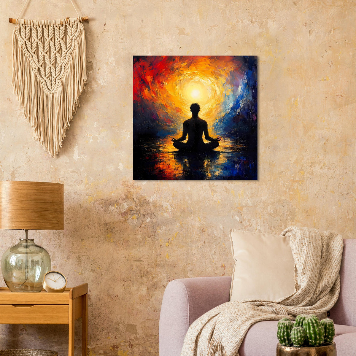 Abstraktes Zen-Poster: Meditationsfigur in dunkler Silhouette vor leuchtendem Sonnenkreis