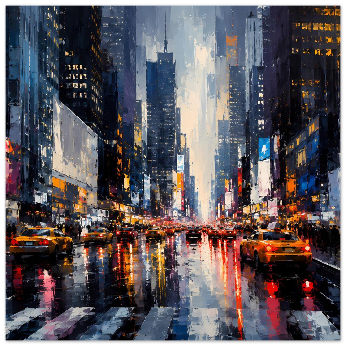 Stadtposter: reflektierende Regenstraße, orangefarbene Taxis und leuchtende Lichter, Querformat