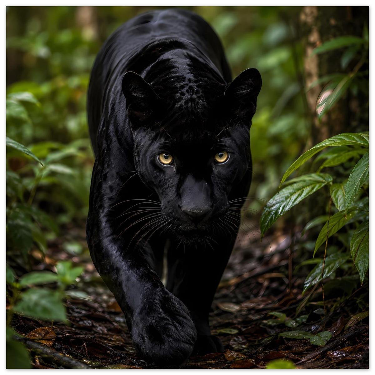 Poster mit schwarzem Panther im Wald, nach vorn gehend, gelbe Augen