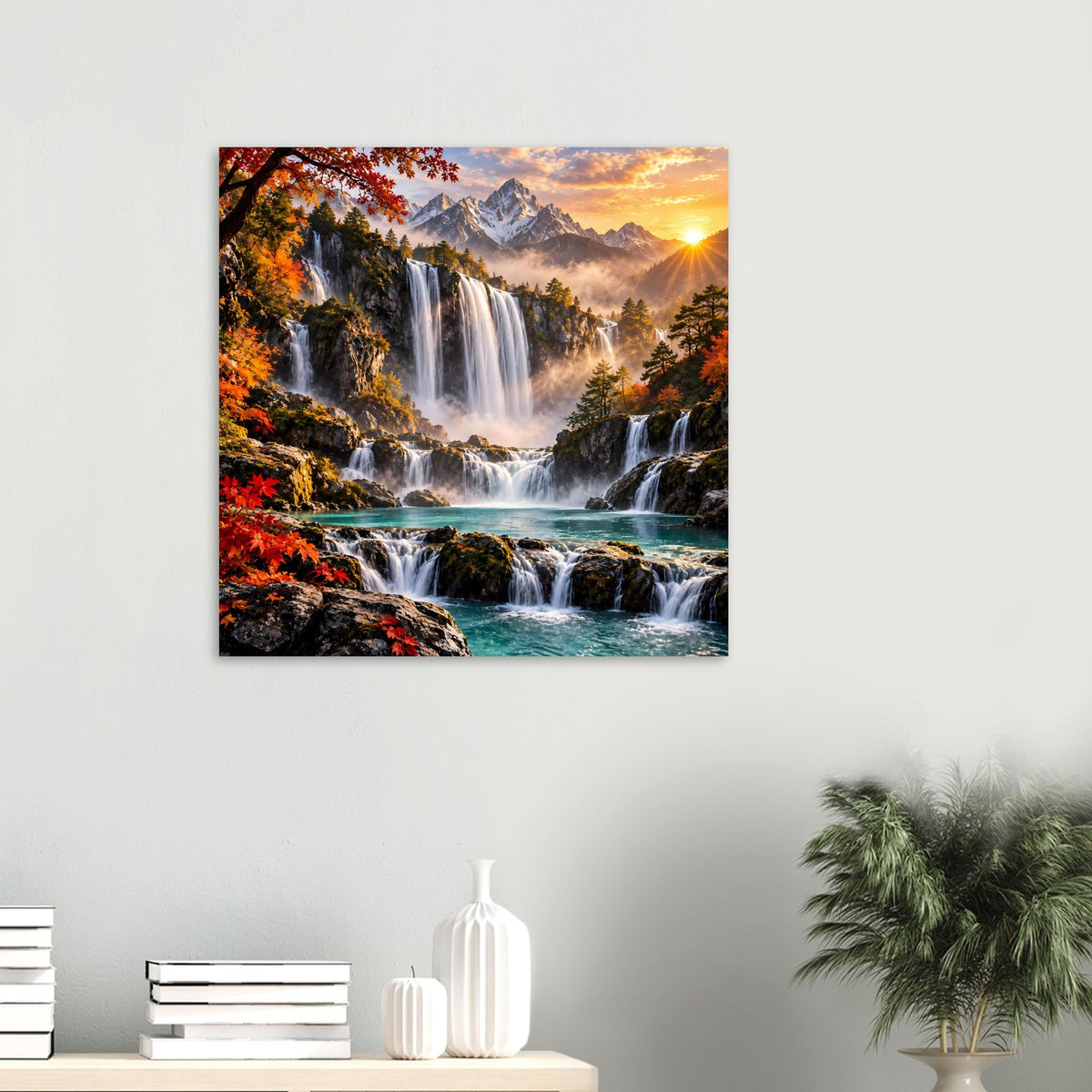 Quadratisches Poster mit Wasserfällen in den Bergen, Herbstlaub und Sonnenuntergang