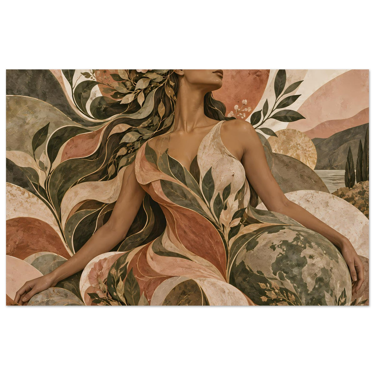 Horizontales Kunst-Poster mit Porträt einer Frau und floralen Blättern in Erdtönen