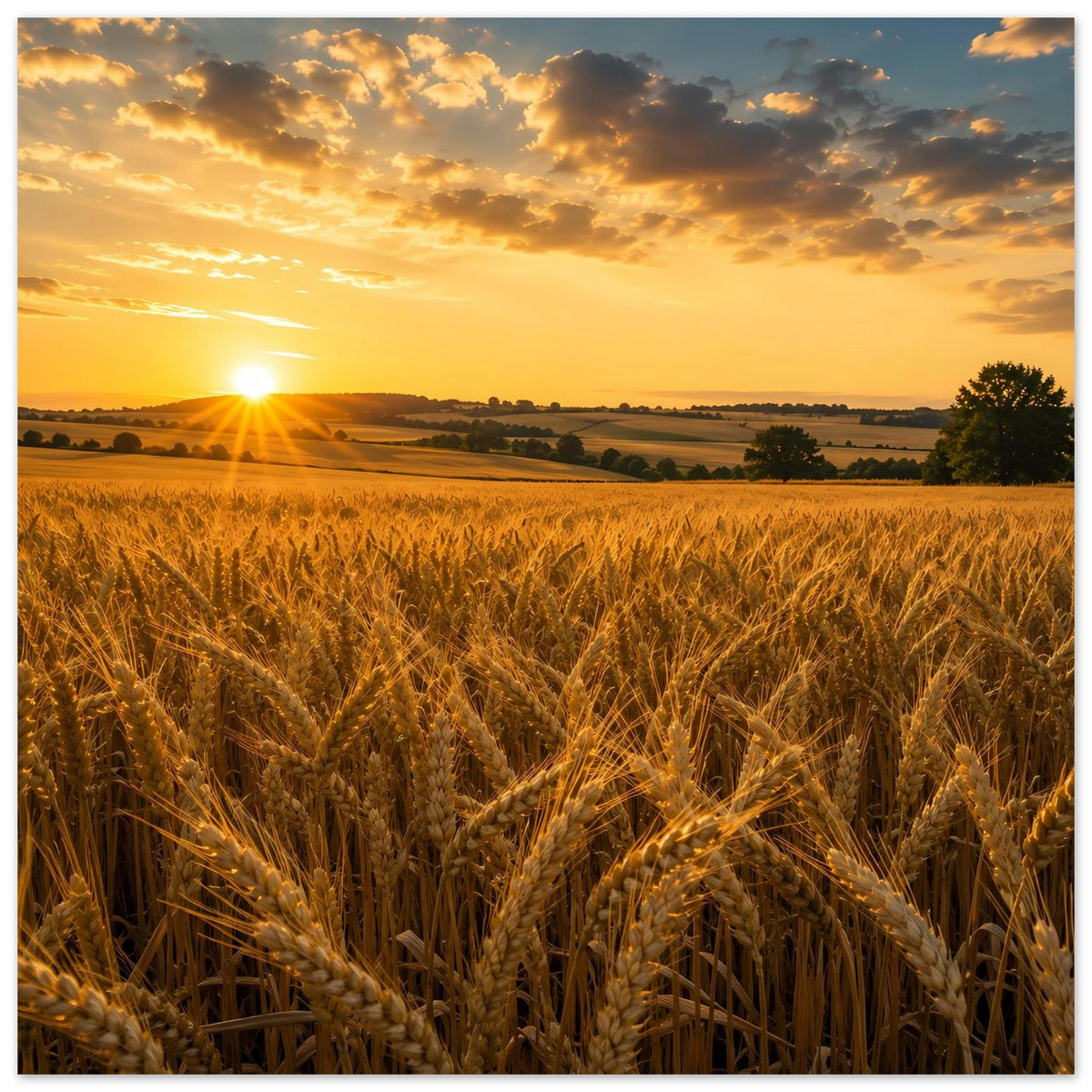 Landschaftsposter Querformat: Weizenfeld im Sonnenuntergangs-Look mit warmer Himmelsfarbe