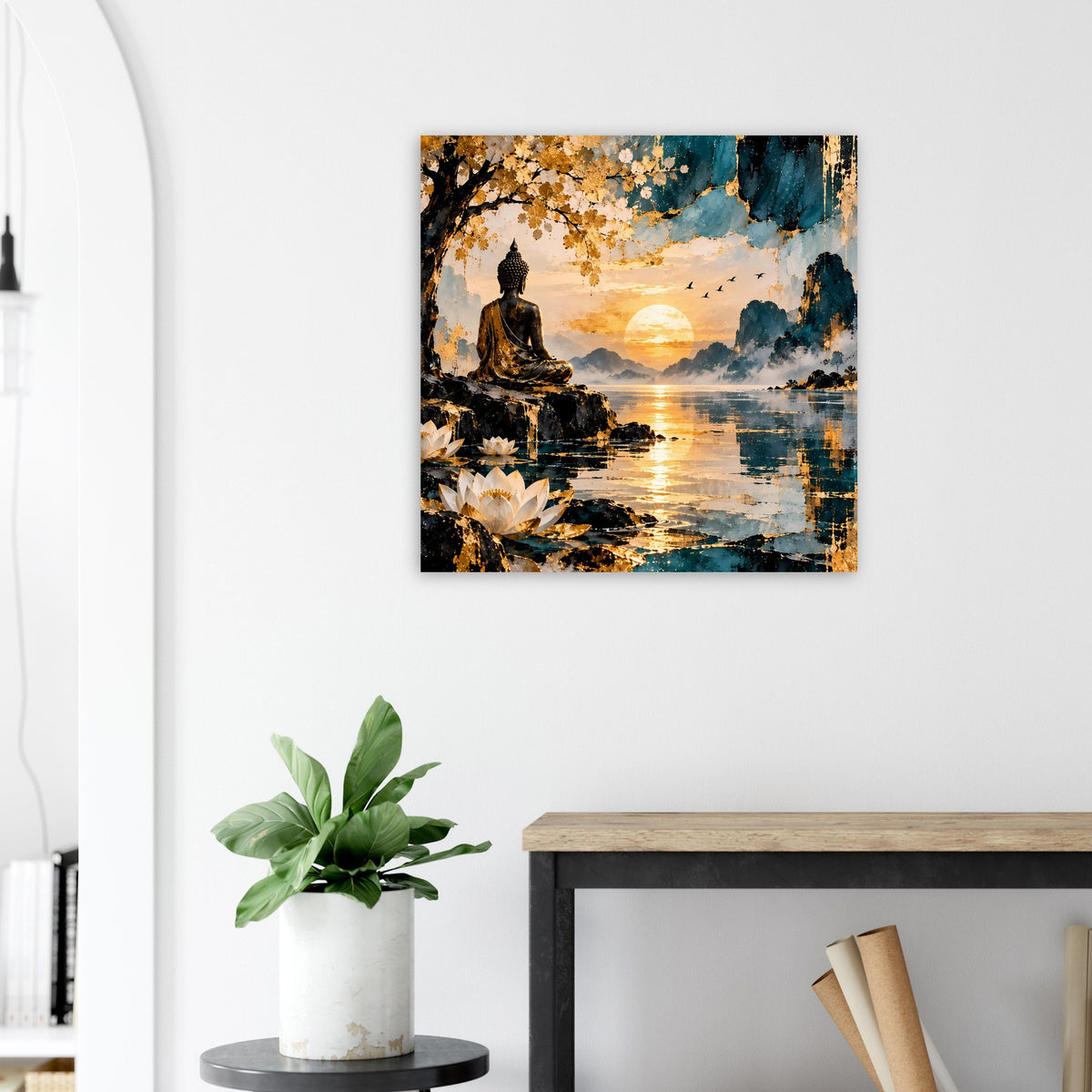 Poster mit Buddha vor Landschaft am Wasser, orange Sonne, Blumen und Gold-Blau-Farbverlauf.