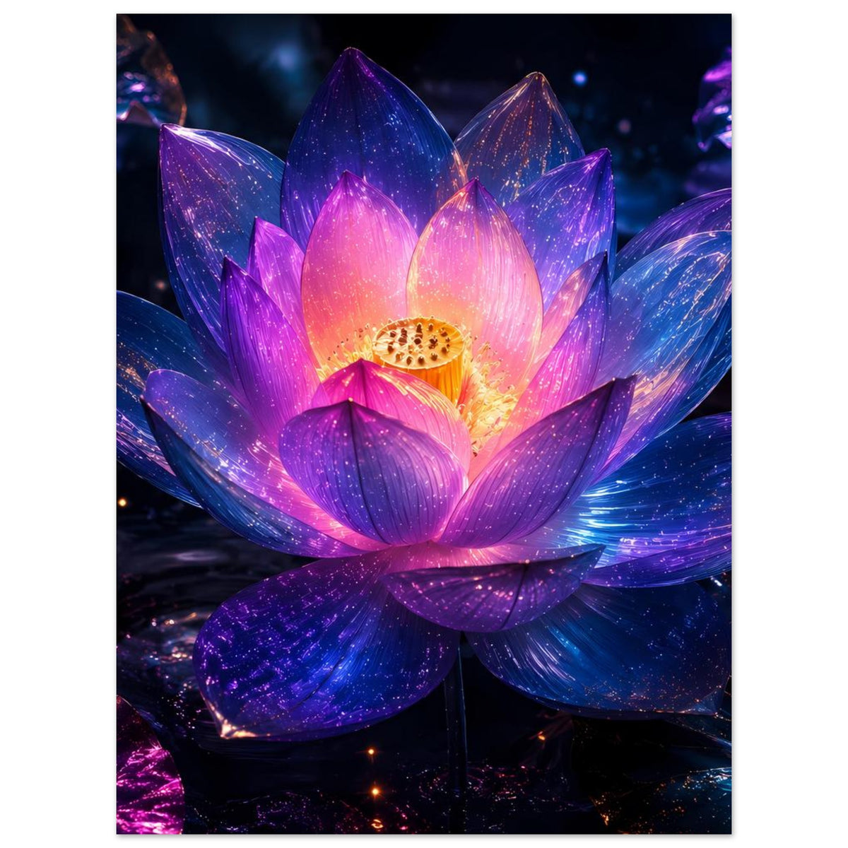 Poster mit leuchtender Lotusblume, violett-blauem Farbverlauf und goldener Blütenmitte