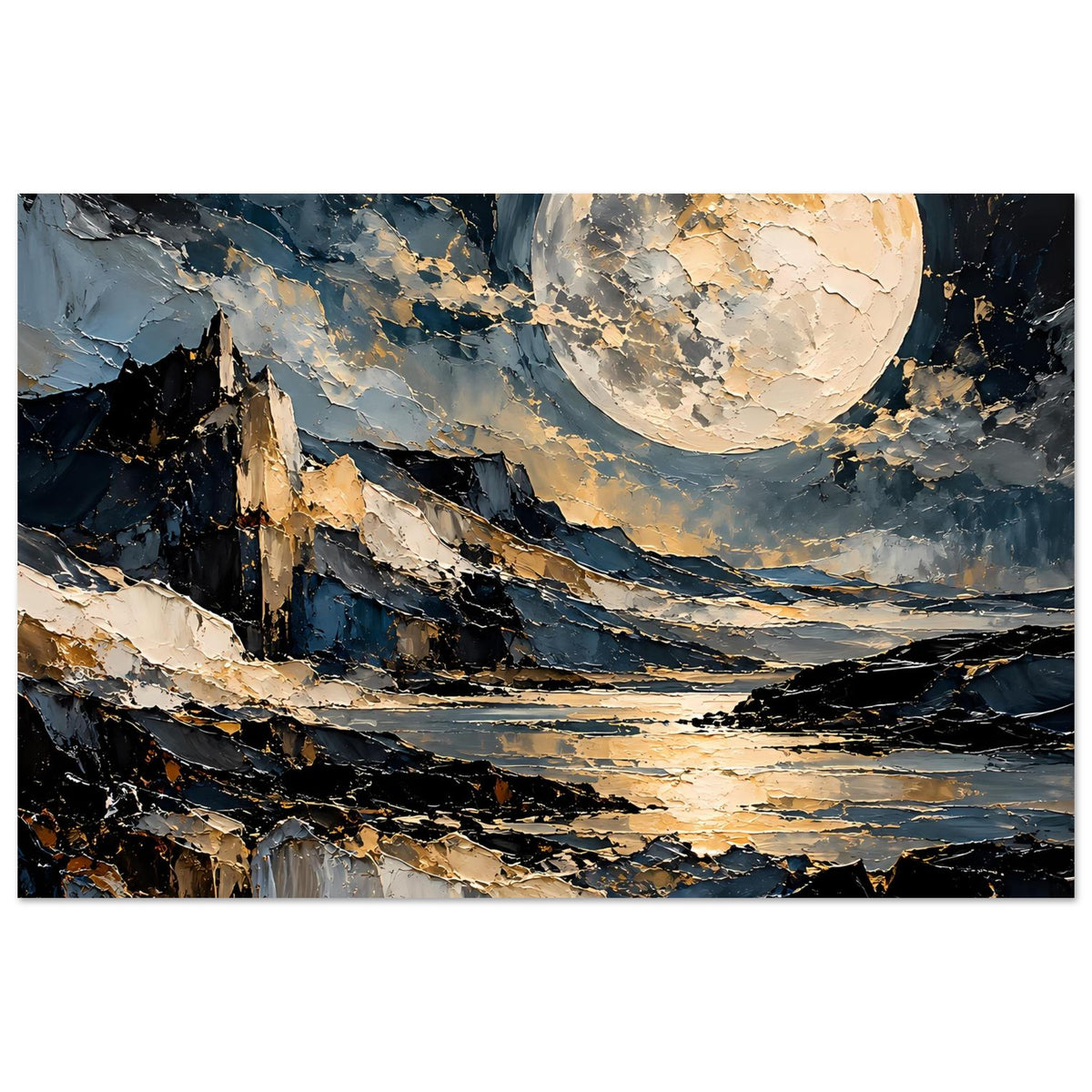 Mondschein-Poster: goldener Vollmond über Berge und See, markante Farbverläufe.