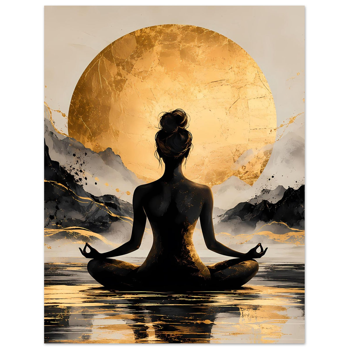 Meditationsposter mit Silhouette im Lotussitz und goldenem Sonnenkreis über Berglandschaft