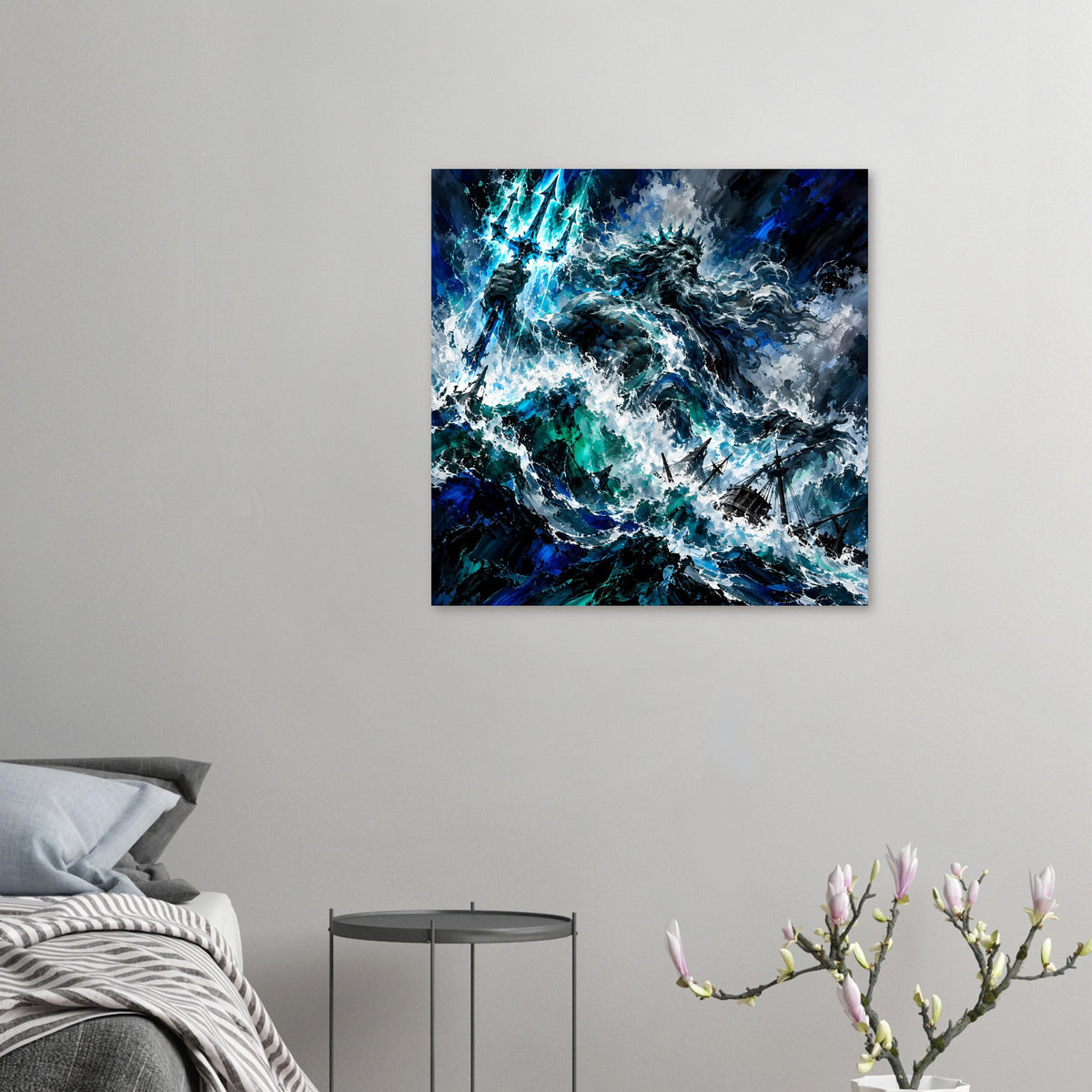 Quadratisches Sturm-Poster mit Poseidon über tobender See in Blau- und Türkistönen