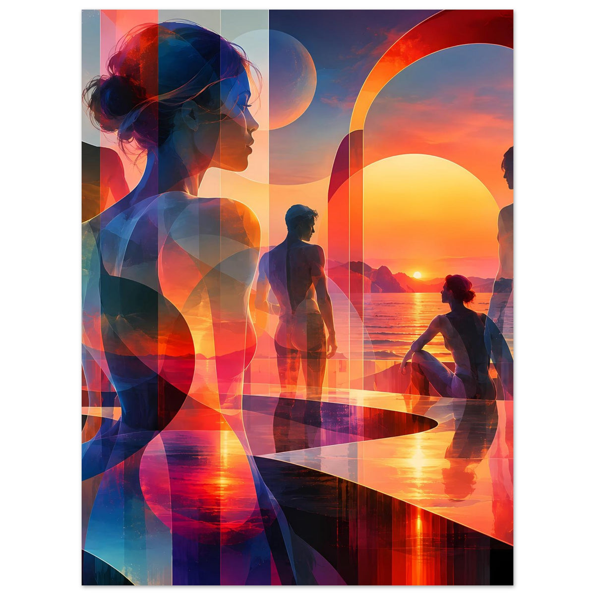 Kunstposter im Hochformat, Frauensilhouette und Silhouetten am Sonnenuntergang in Orange/Blau.