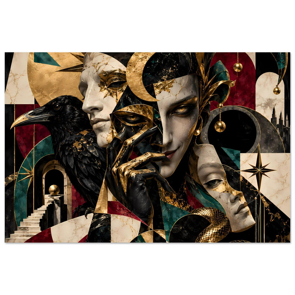 Kunstposter mit Goldakzenten im Querformat: zwei Masken, schwarzer Vogel, goldene Schlange, geometrische Muster