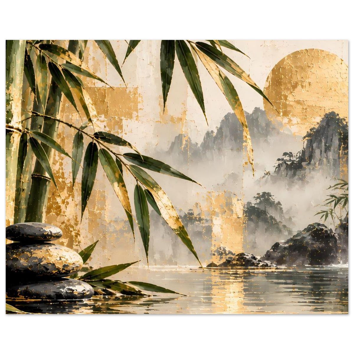 Zen-Bambus-und-Wasserfallposter mit Steinen links, Bambuszweigen und Wasserfall im Dunst