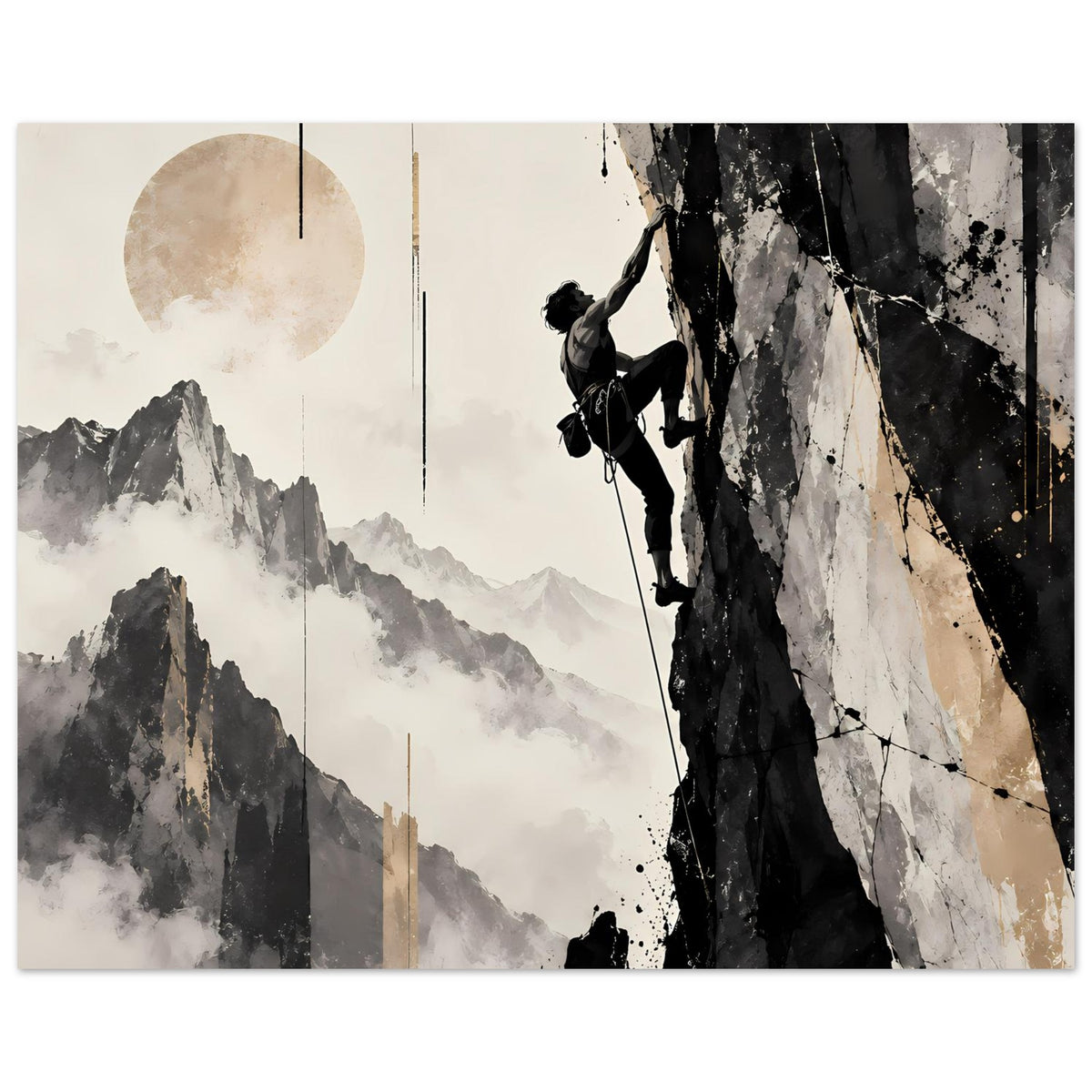 Horizontales Poster mit Bergsteiger am Fels, abstrakte Linien und Flecken in Schwarz/Grau