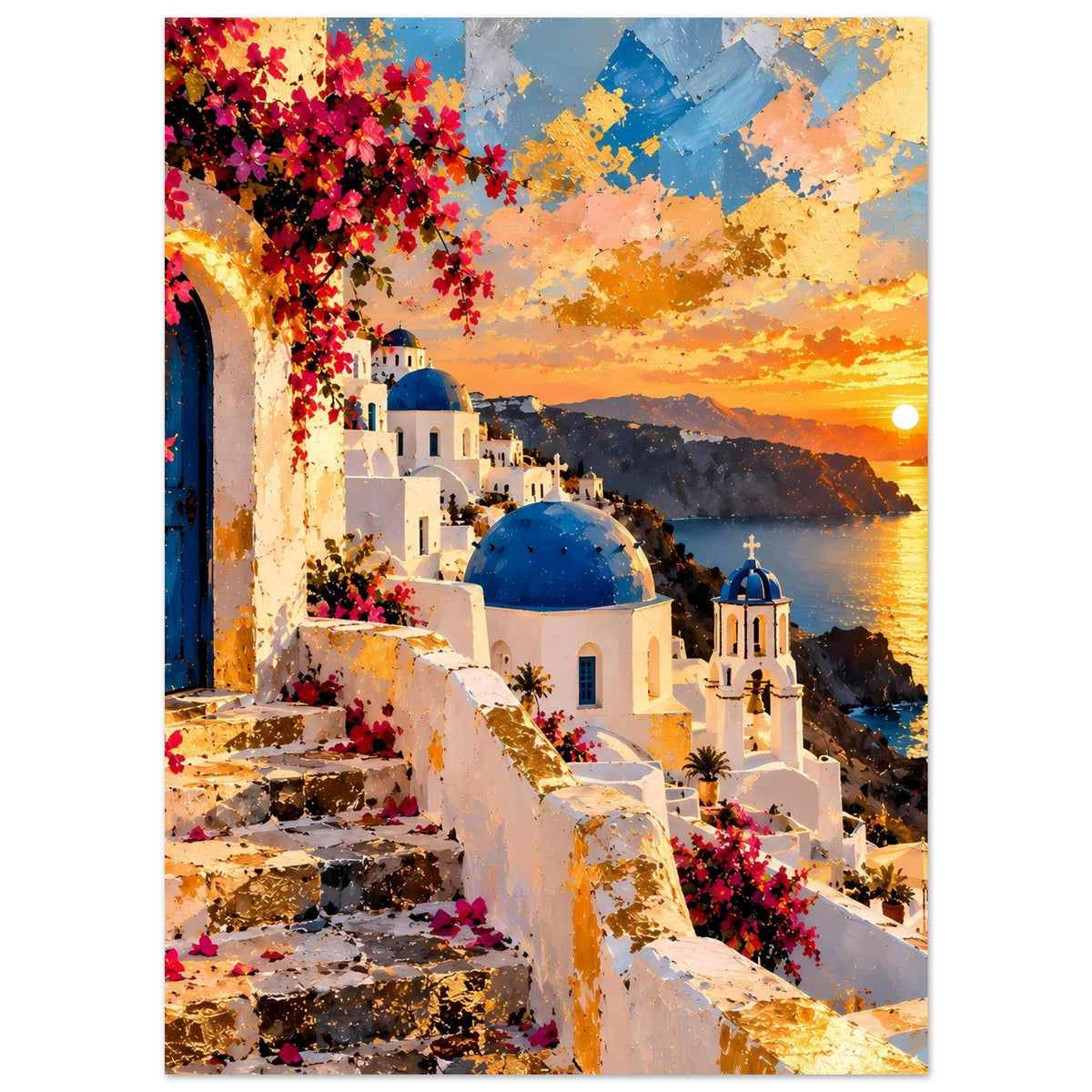 Poster mit Aussicht auf Küste: weiße Gebäude, blaue Kuppel, bunte Blüten und Abendsonne