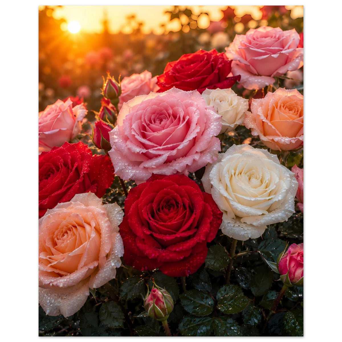 Poster mit Rosenstrauß: rote, rosafarbene, cremefarbene und weiße Blüten im Warmlicht