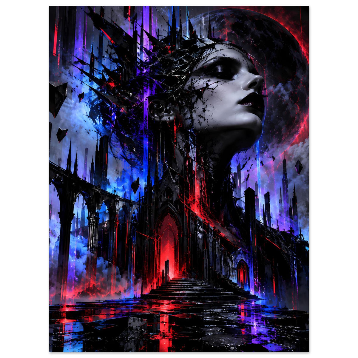 Gothic-Fantasy-Poster mit Porträt im Profil, neonrote Akzente und blaues Licht