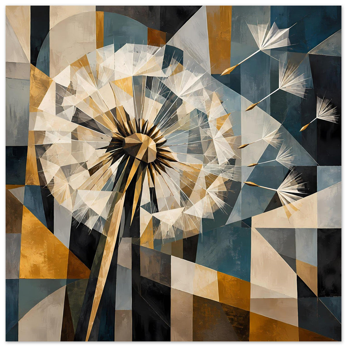 Dandelion-Wandposter mit geometrischem Dandelion-Motiv in Erdtönen, kariertem Strahlenkranz