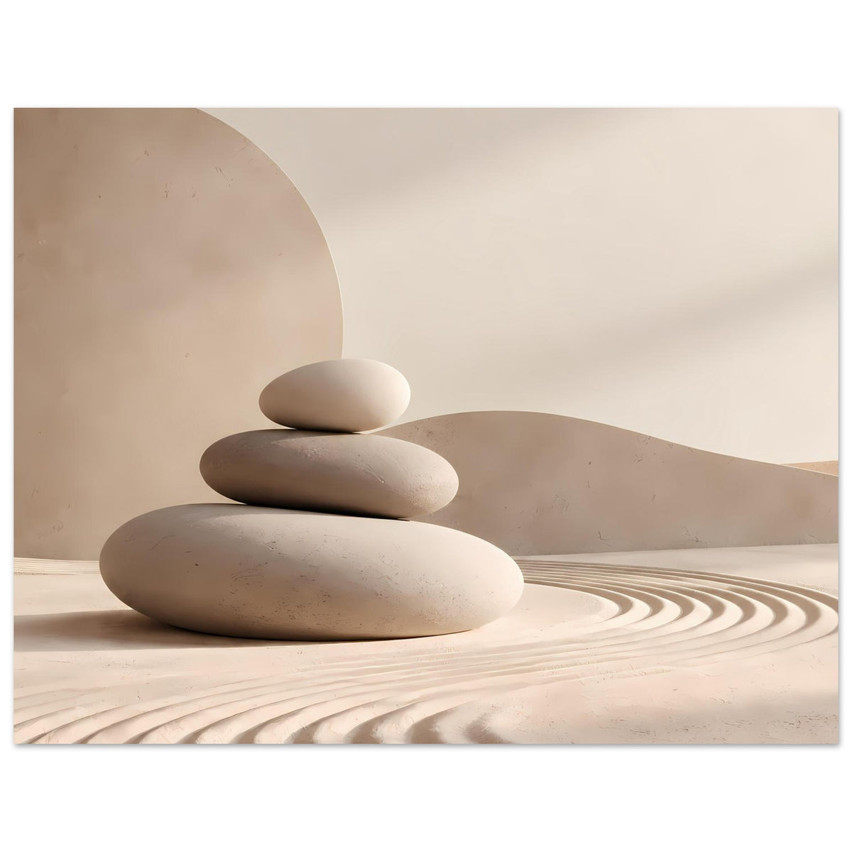 Minimalistischer Zen-Poster: gestapelte Steine mit Sandwellen, breite Licht- und Schattenflächen.