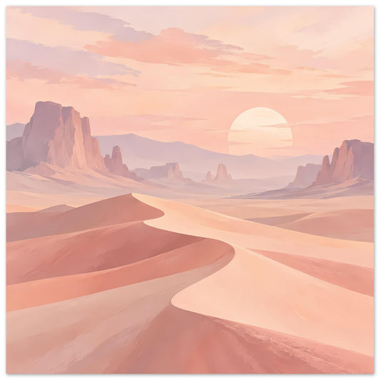 Wüstenlandschafts-Poster mit Sanddünen, Bergsilhouetten und halb verdeckter Sonne