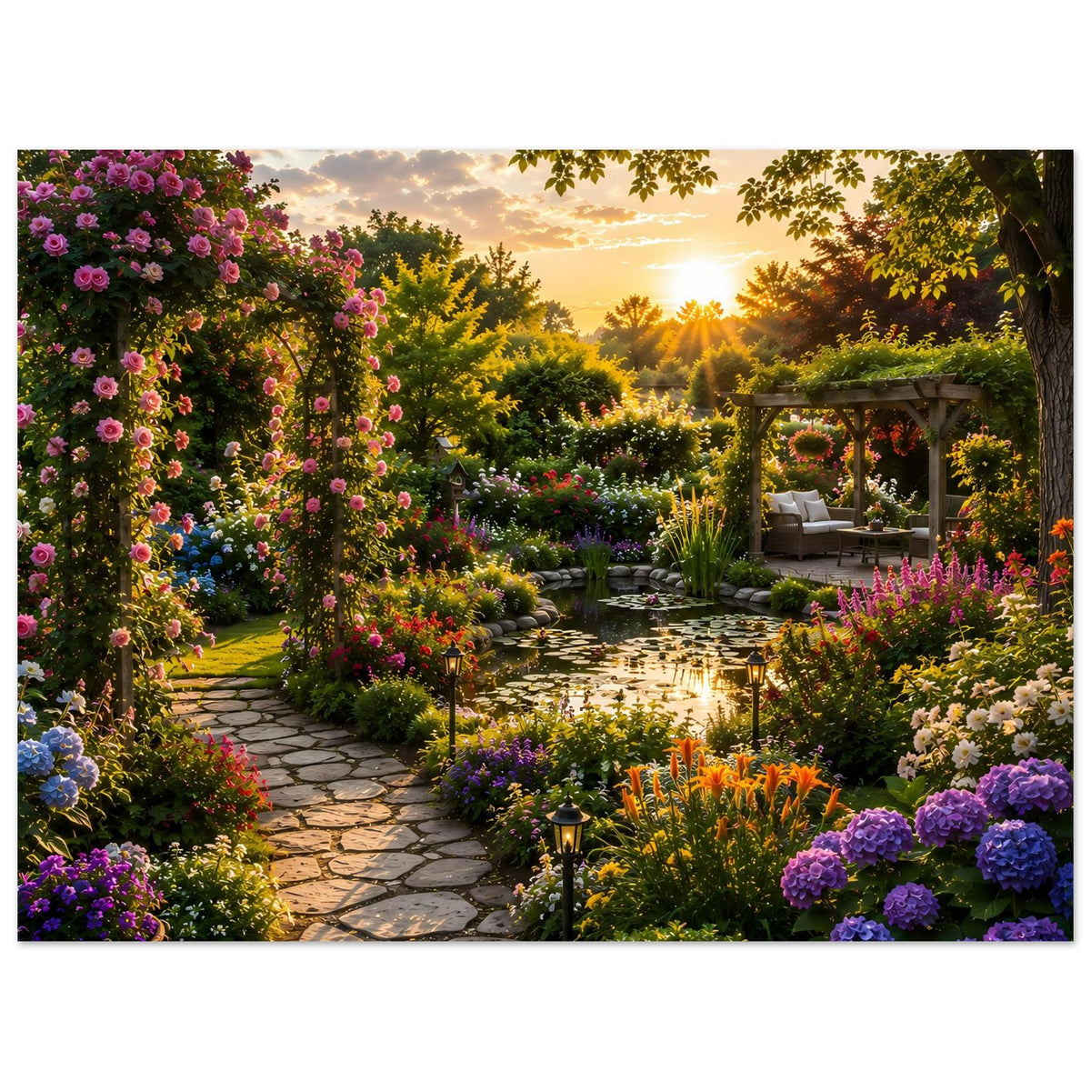 Poster mit Gartenlandschaft, Großformat: Blütenbeete, Natursteinweg und Blick auf Pavillon