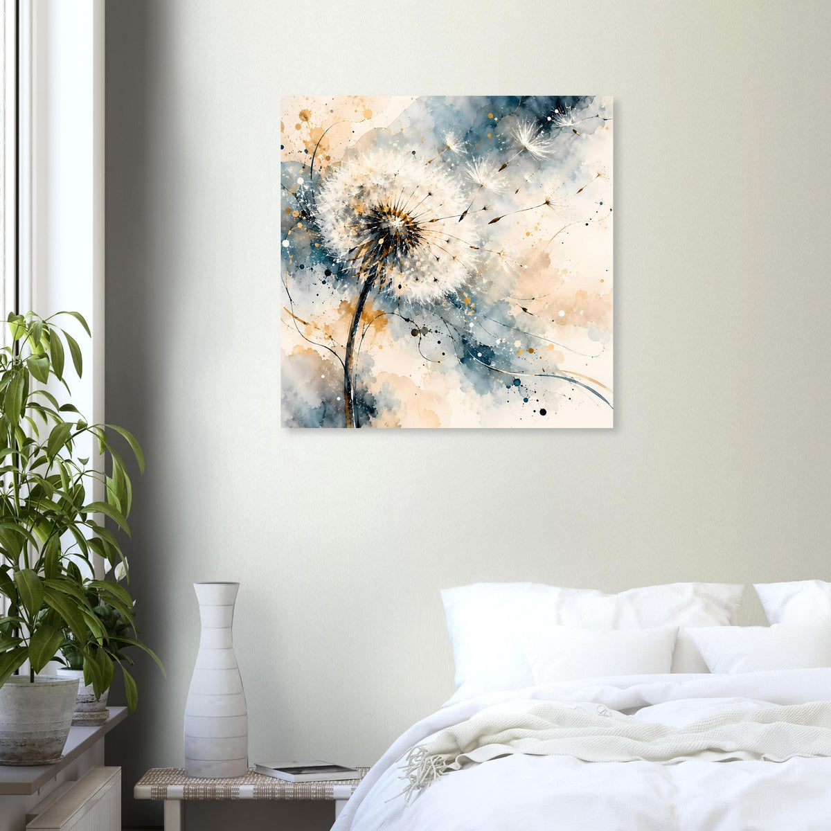 Kunstposter: Pusteblume in Weiß mit blauem Farbverlauf und goldenen Akzenten