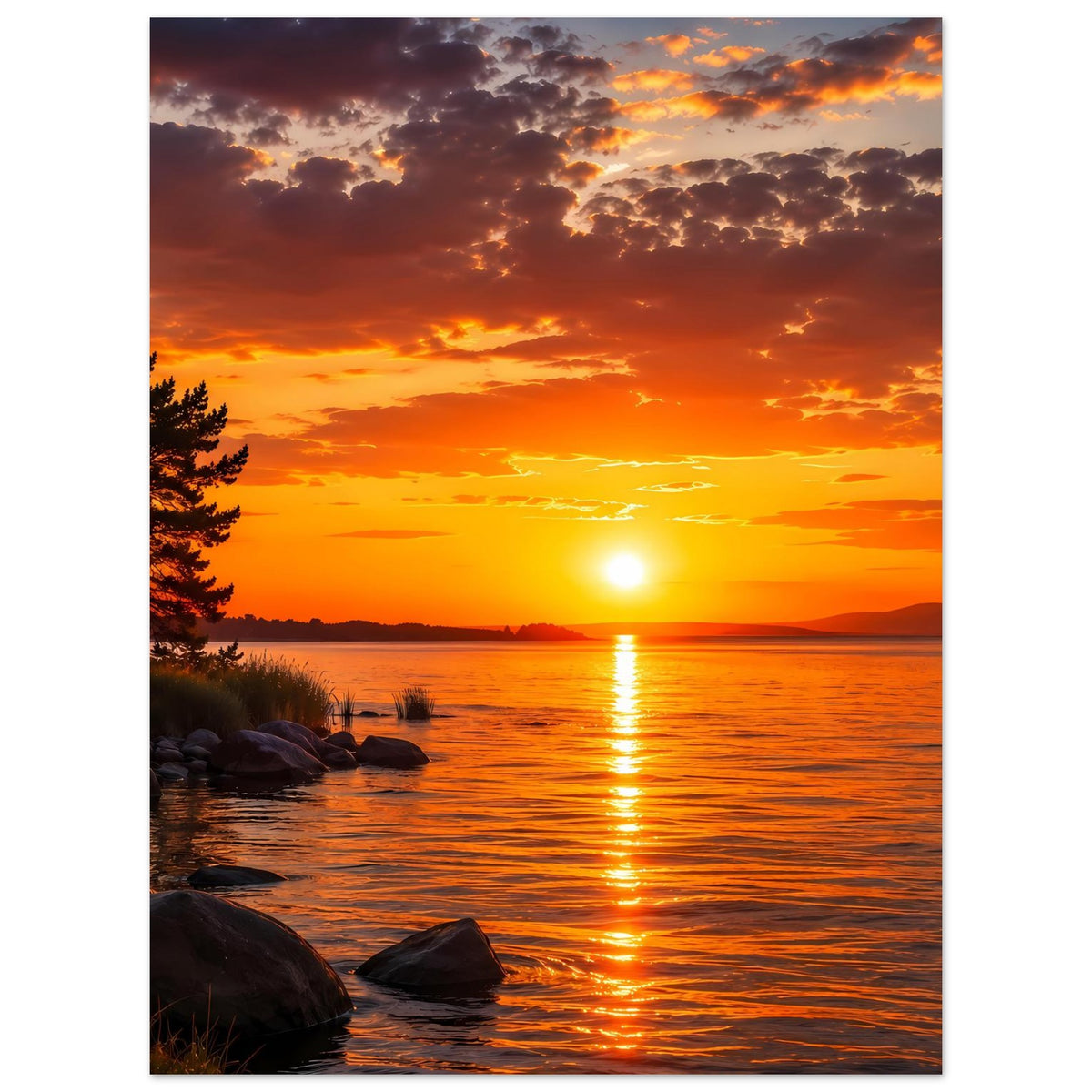 Wandposter mit Sonnenuntergang über See, goldenes Licht auf Wasser, Steine und Uferbäume