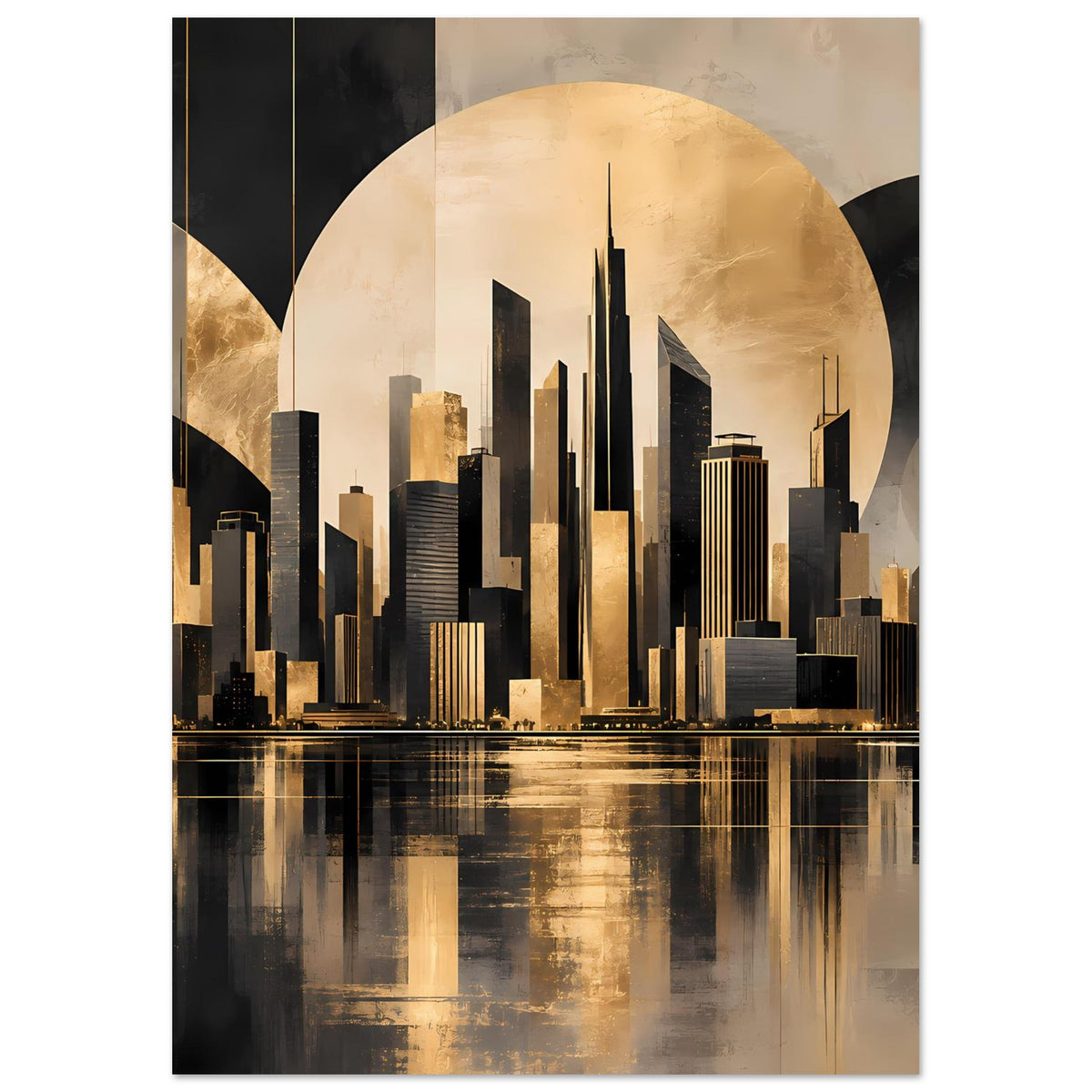 Stadtposter mit goldener Skyline, schwarzer Silhouette und breiter Wasserreflexion