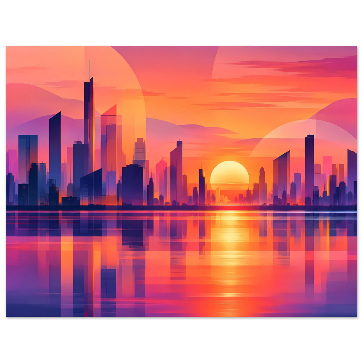 Horizontaler Stadtposter mit Neon-Skyline, goldenem Sonnenball und spiegelnder Wasserfläche.
