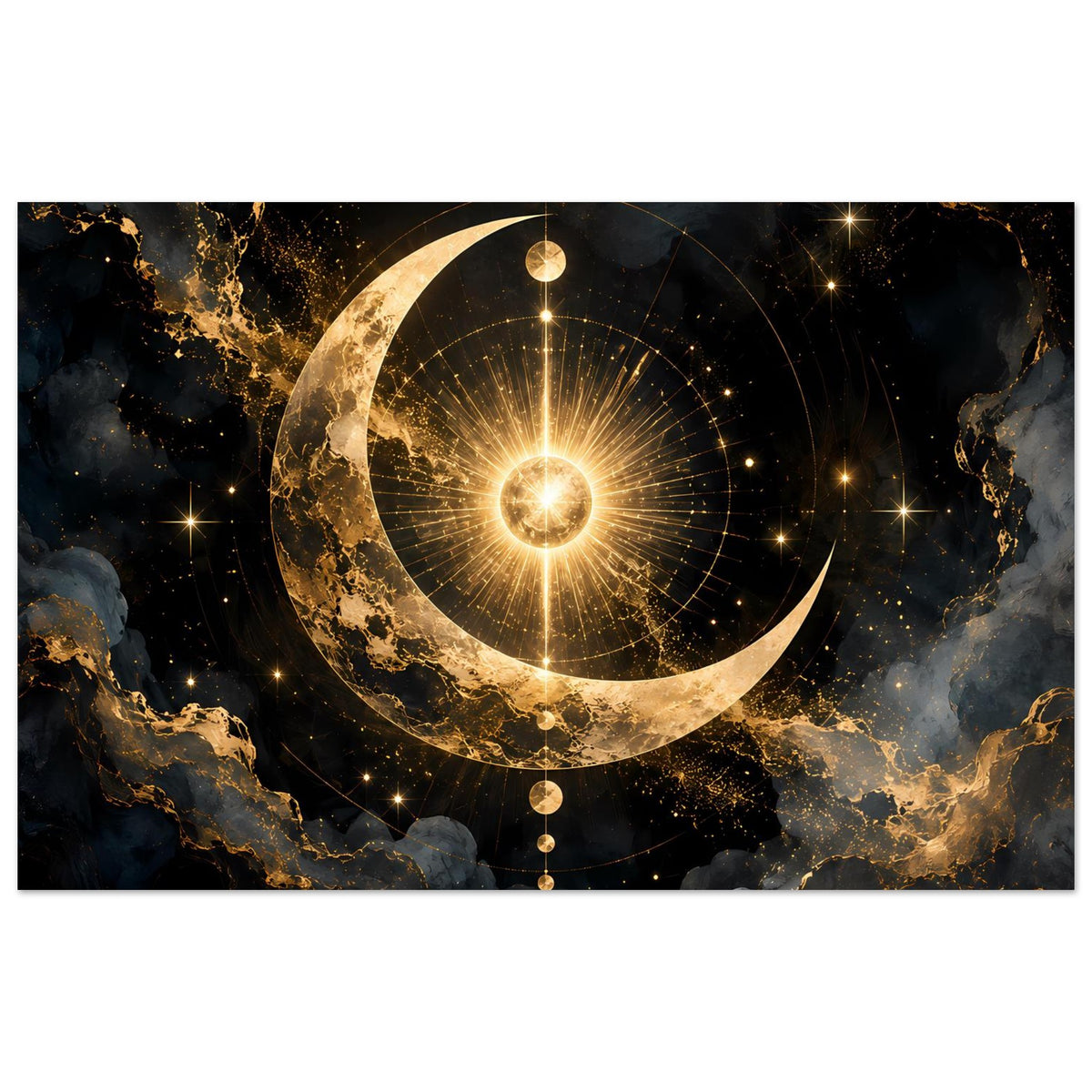 Querformat-Poster mit goldener Mondsichel, Sternen und leuchtendem Lichtstrahl, klare Ränder