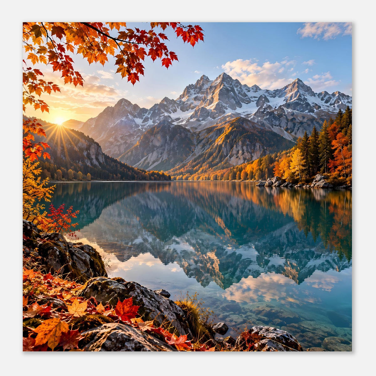 Herbstlandschafts-Poster mit Alpenpanorama, See-Spiegel und Herbstlaub an Felsen und Bäumen