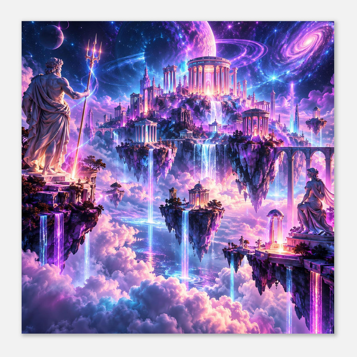 Fantasy-Poster mit schwebenden Inseln, antiken Tempeln und Wasserfällen in violetten Farben