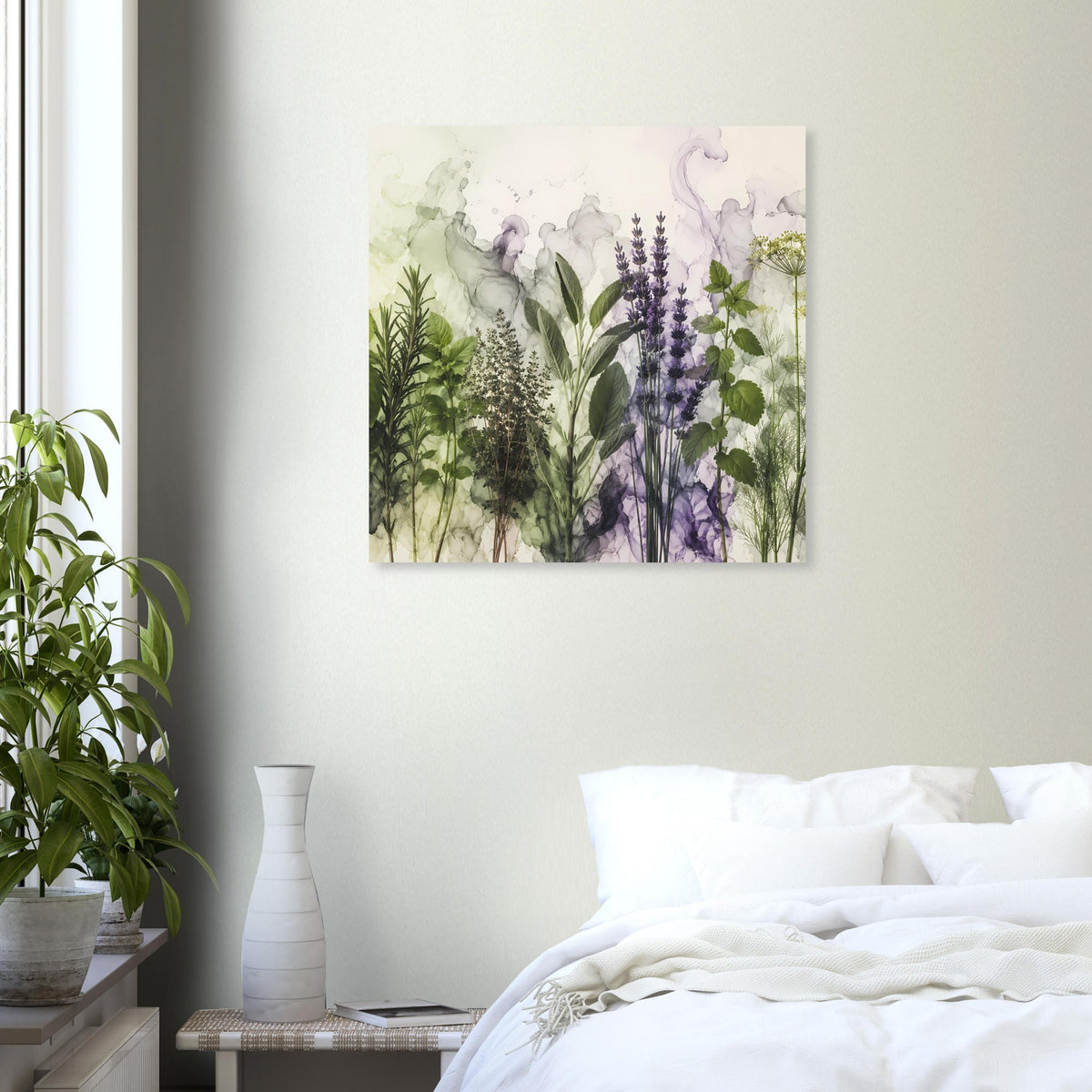 Botanisches Poster mit Lavendelrispen und grünen Blättern im Aquarell-Look