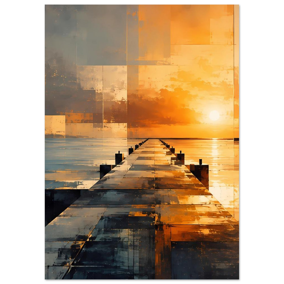Abstraktes Sonnenuntergangs-Pier-Poster mit orange-gelber Farbfläche und Steg-Perspektive