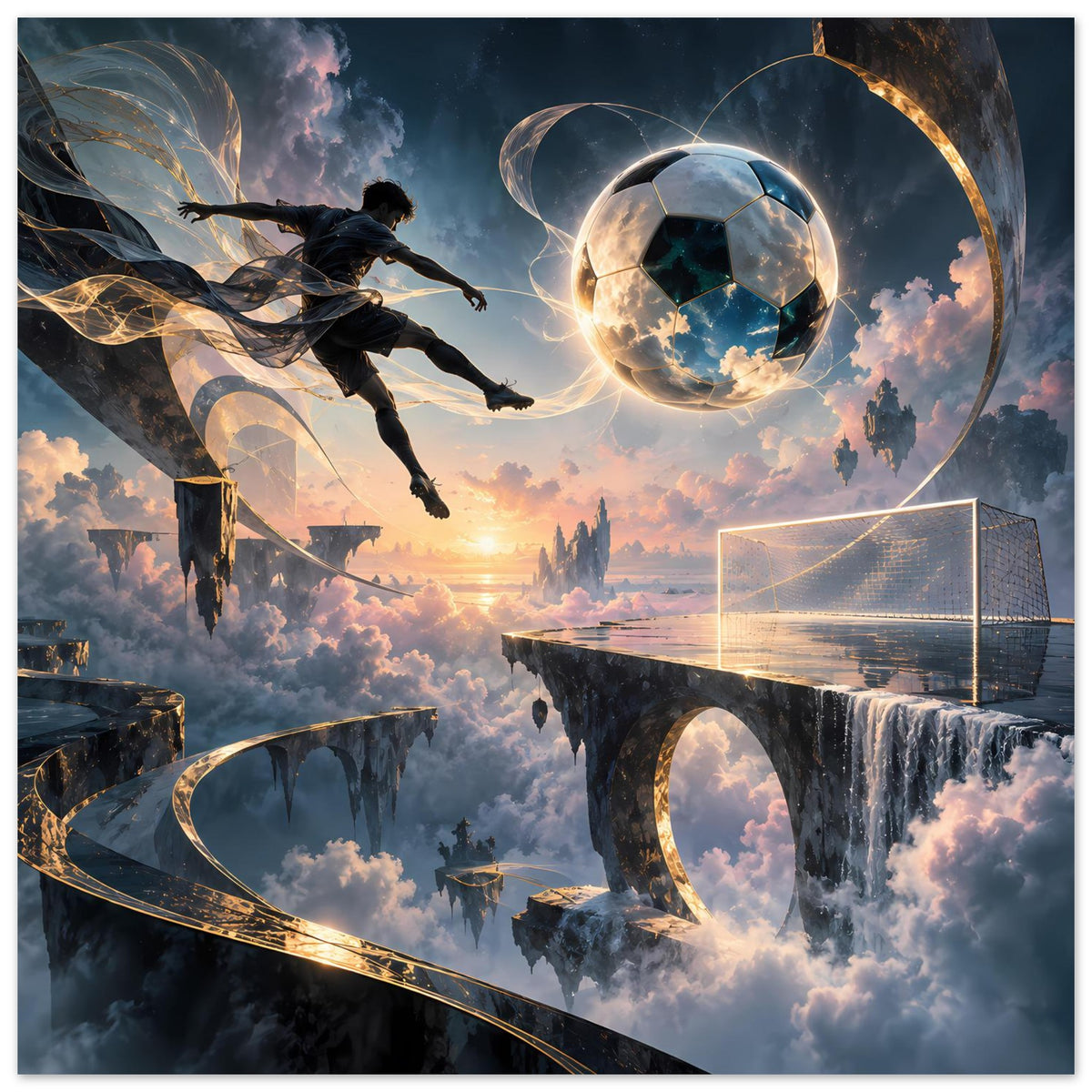 Fußballposter mit schwebendem Ball, Tor und spielendem Athleten, goldene Lichtlinien im Fantasy-Setting