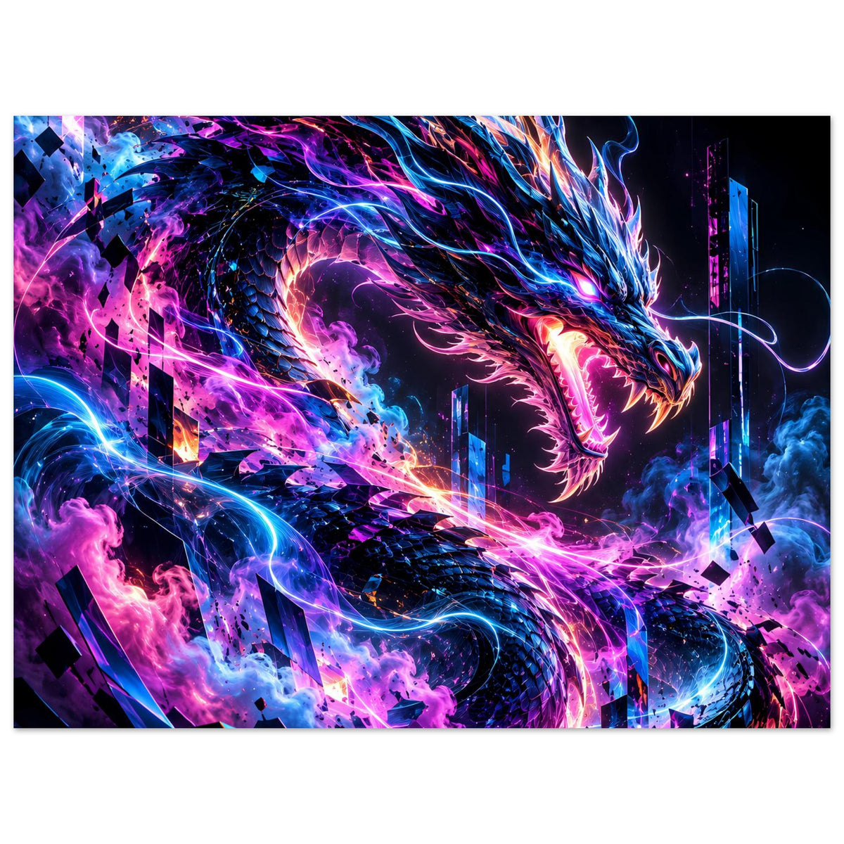 Querformat-Poster mit Neon-Cyberdrache: violett-blaue Energie, Flammenschwaden, bedrohlicher Blick