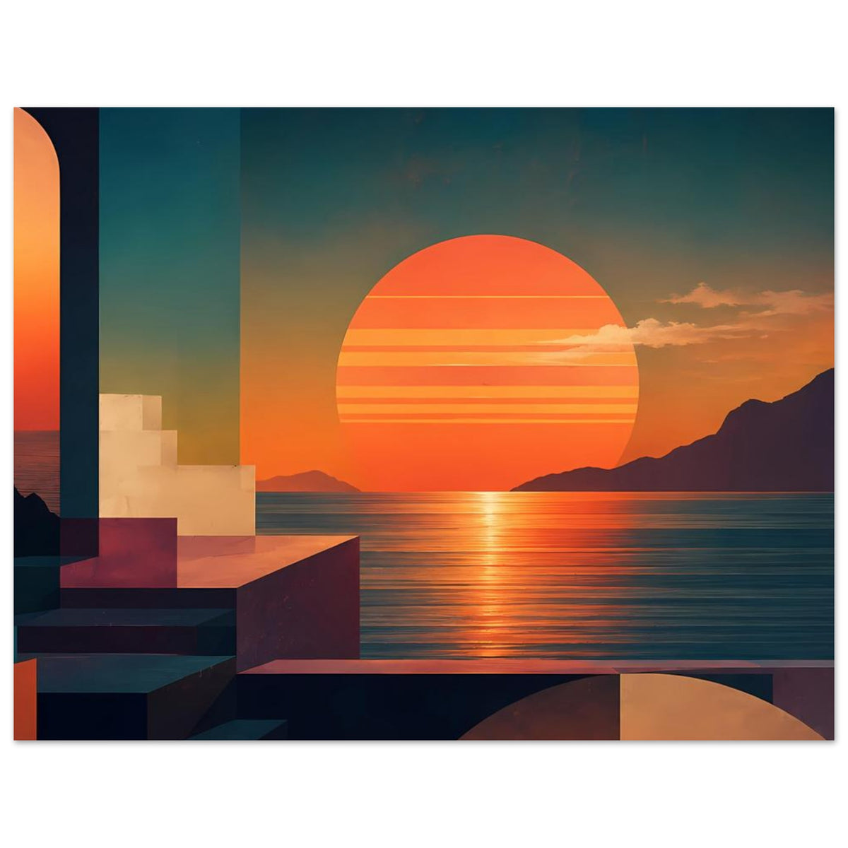 Horizontales Poster: moderne Bauformen links, orangefarbener Sonnenkreis über ruhig schimmerndem Meer