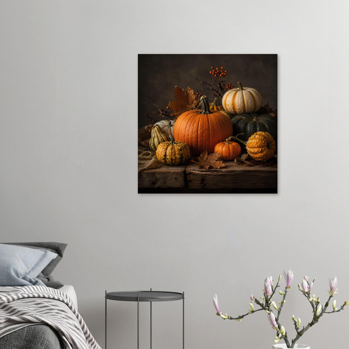 Kleines Herbst-Kürbis-Premiumposter mit orangefarbenem Hauptkürbis und mehreren Zierkürbissen